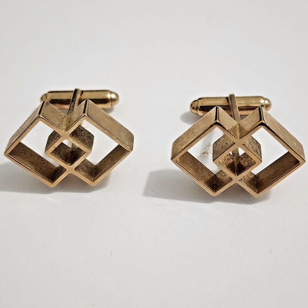 Sarah Coventry Denmark Collection Cuff Links Geometric Gold Tone 3D Vintage 60s